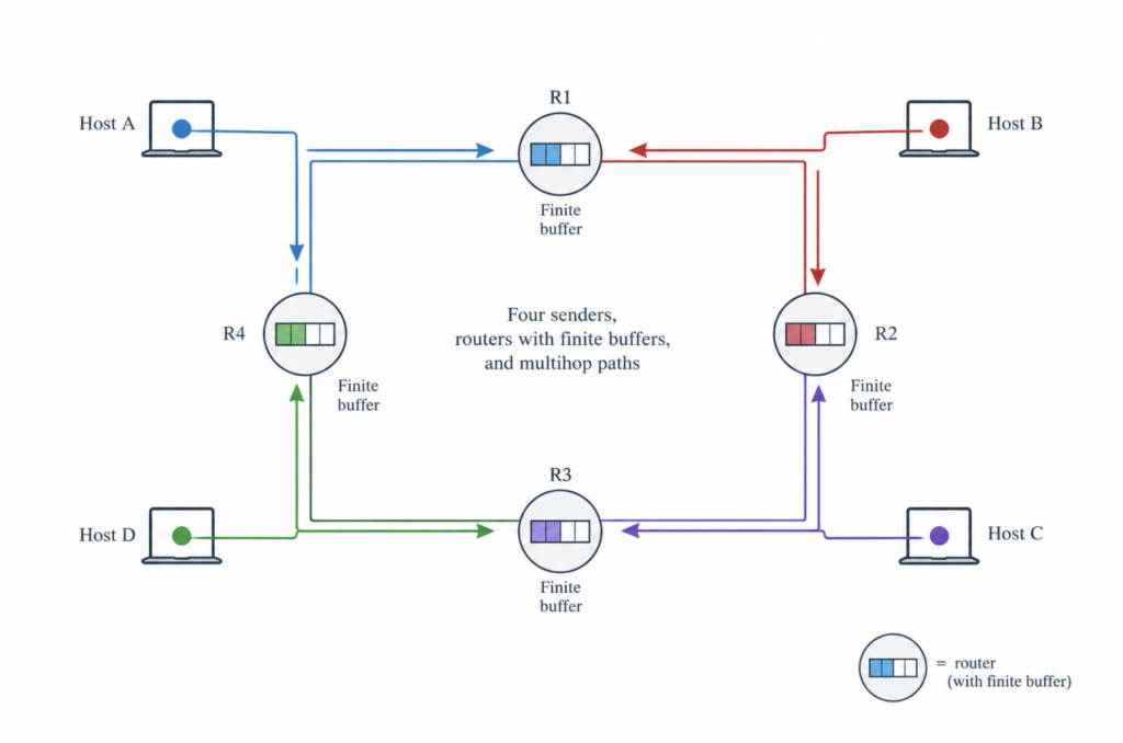 Four senders, routers with finite buffers, and multihop paths